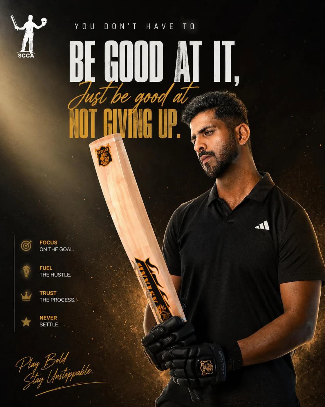 A poster of a player with an Astaad bat: be good at not giving up