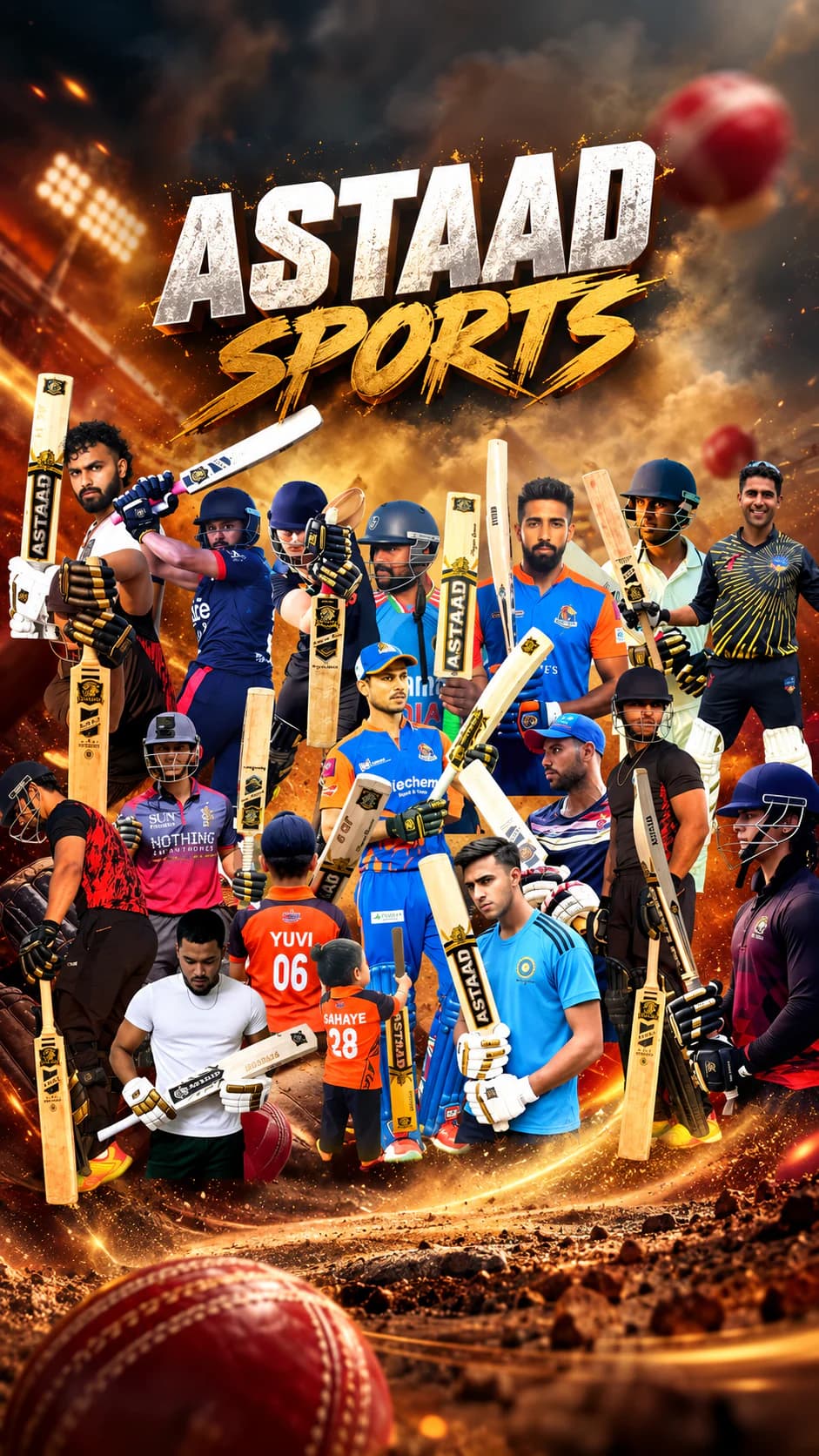 Astaad Sports: players in their team colours with their Astaad bats, gloves and helmets.